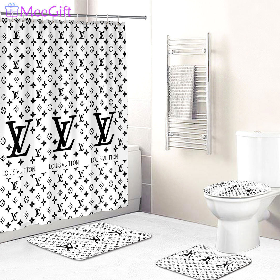 Rugs in living room and bedroom - Louis vuitton lv white bathroom set hot 2023 luxury shower curtain bath rug mat home decor 143 Bathroom Accessory Sets