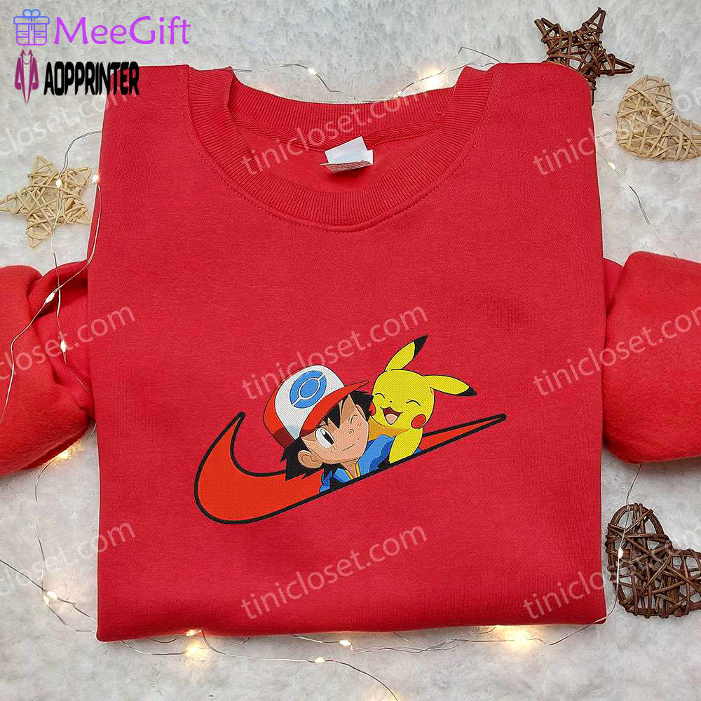 Satoshi & pikachu x nike anime hoodie & shirts: embroidered pokemon & nike inspired apparel Embroidered Shirt