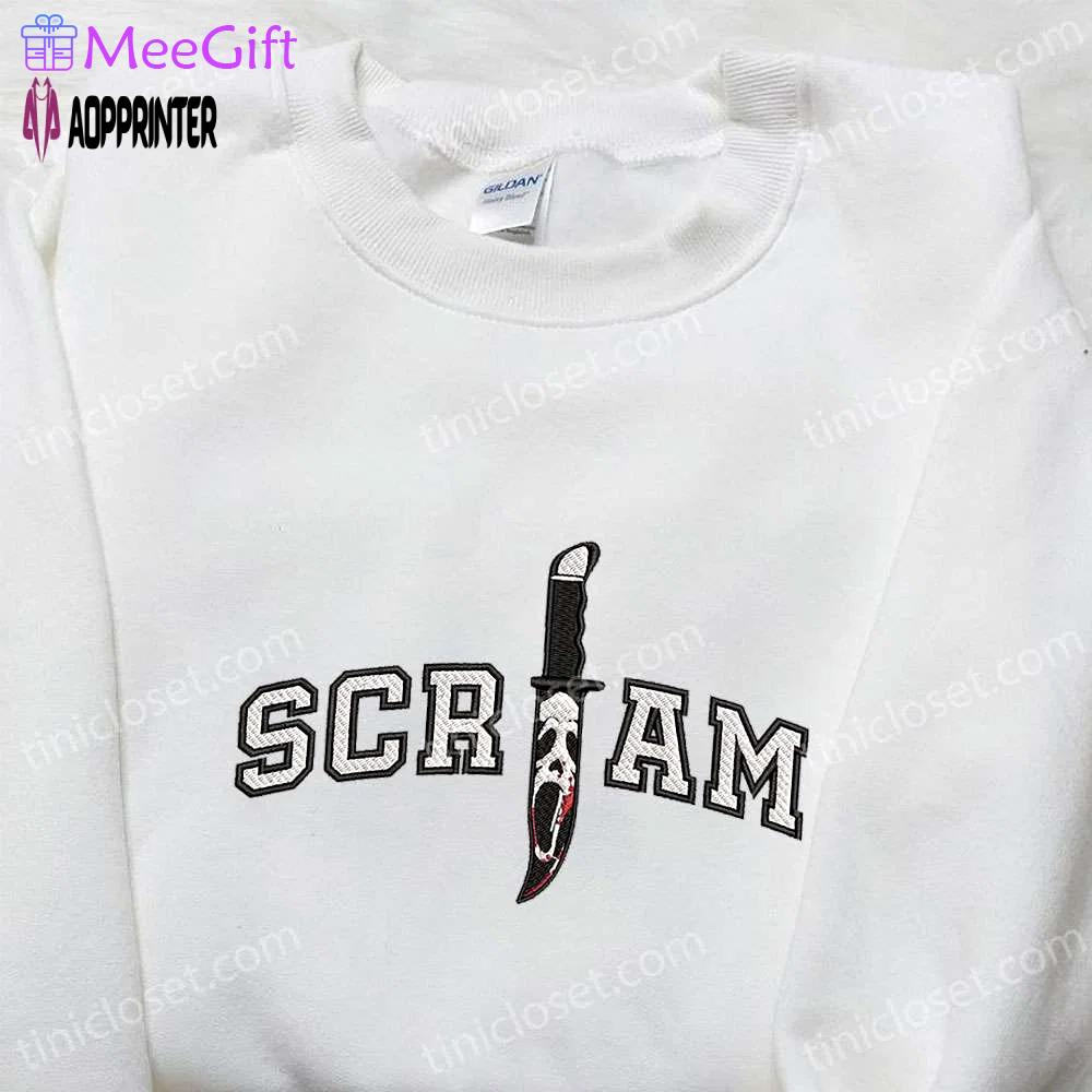 Scream ghost face in knife embroidered shirt horror characters best halloween gifts Embroidered Shirt