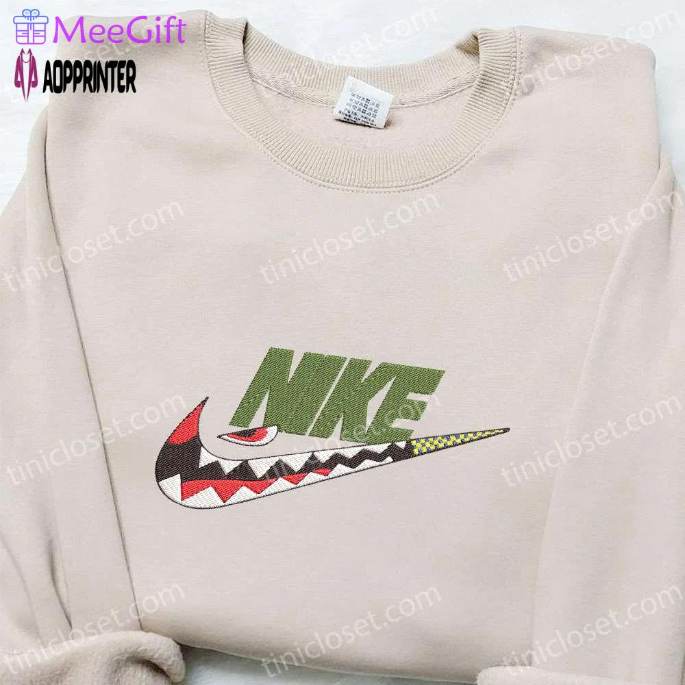 Shark bathing ape x swoosh embroidered hoodie – nike inspired custom sweatshirt Embroidered Shirt
