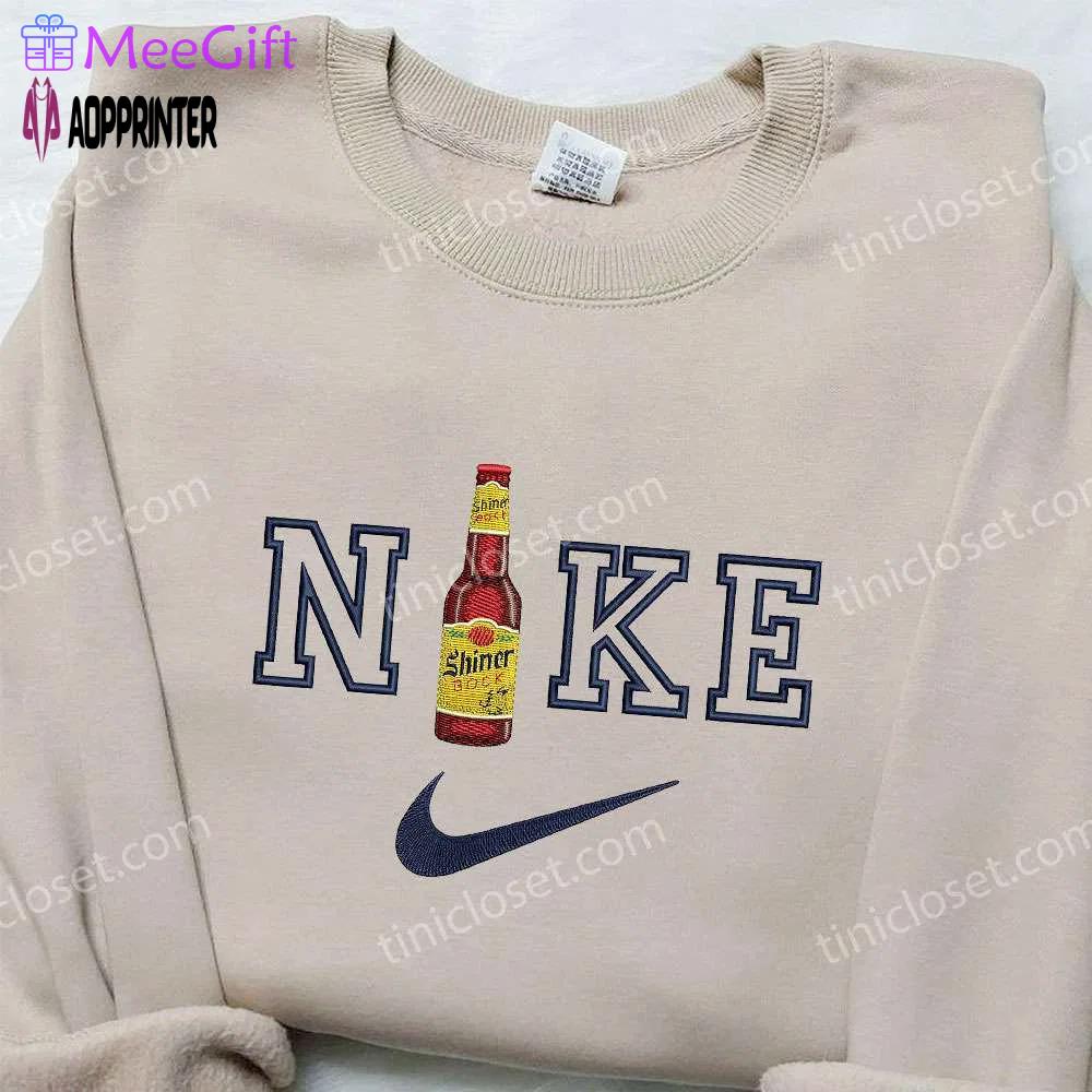 Shiner beer x nike embroidered sweatshirt: favorite drink shirt with nike inspiration Embroidered Shirt