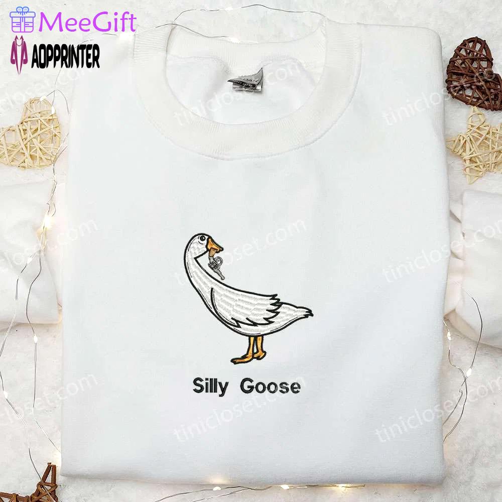 Silly goose with gun embroidered shirt: funny animal embroidery for a hilarious look! Embroidered Shirt
