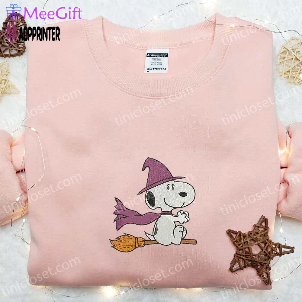 Snoopy witch fly embroidered t-shirt & peanuts halloween hoodie – best halloween gift ideas Embroidered Shirt
