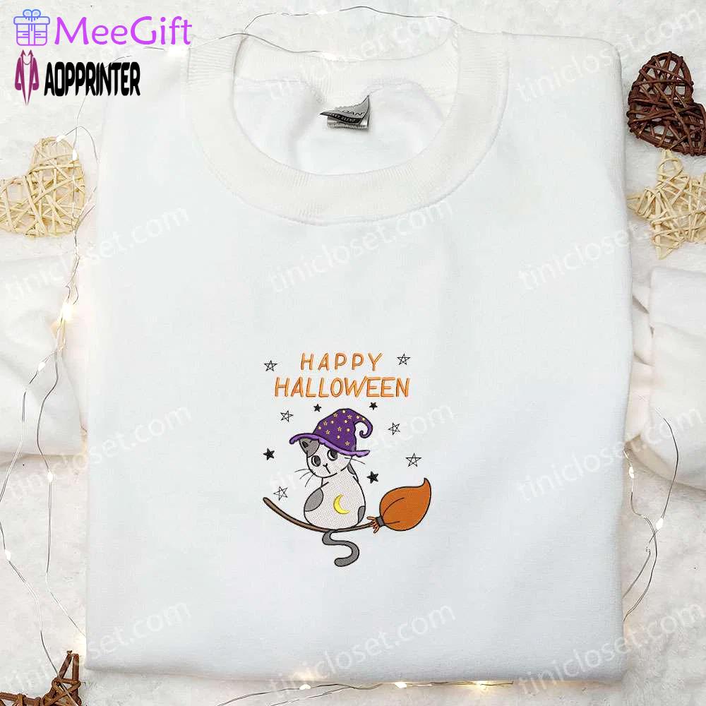 Spooktacular witch kitten cat shirt: halloween embroidered delight Embroidered Shirt