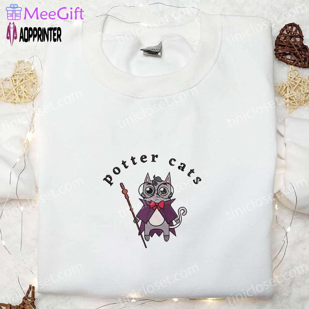 Spooky halloween potter cats embroidered shirt – adorable & stylish halloween cat design Embroidered Shirt