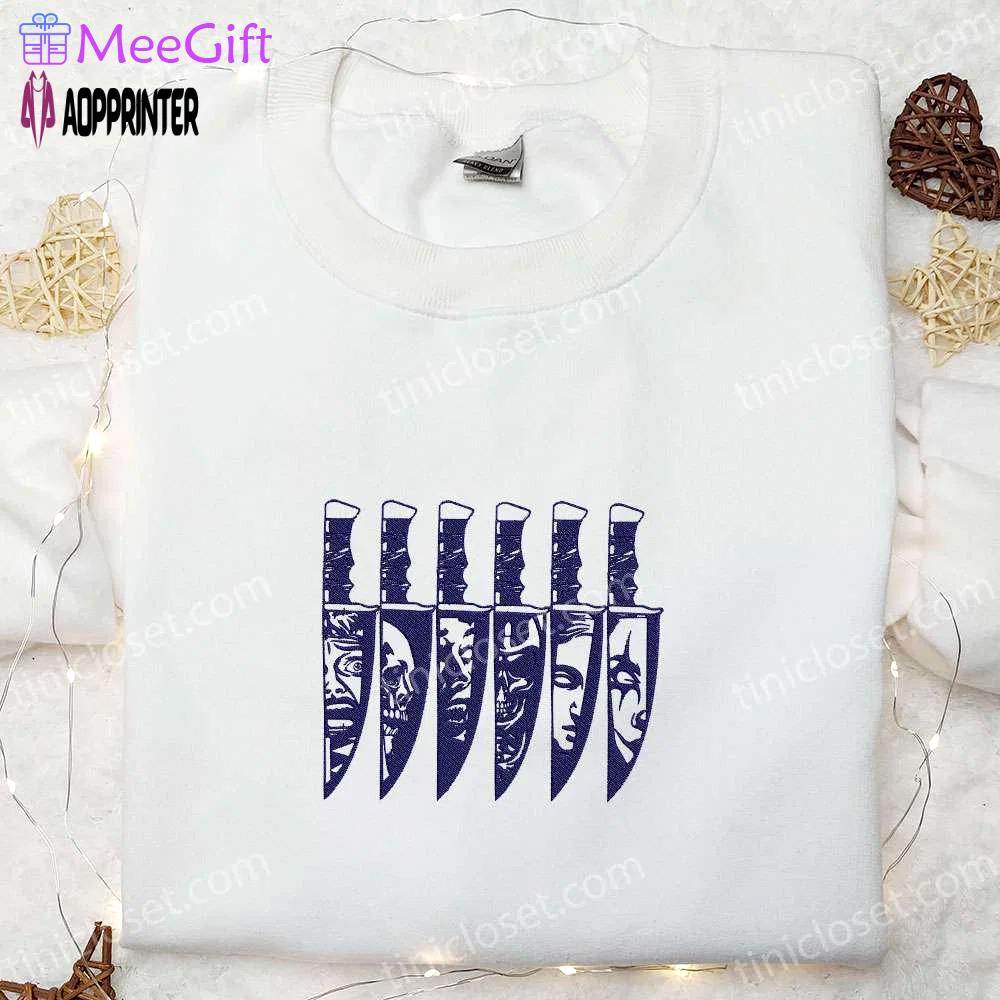 Spooky horror characters halloween knife embroidered shirt – scary & best halloween gifts for family Embroidered Shirt
