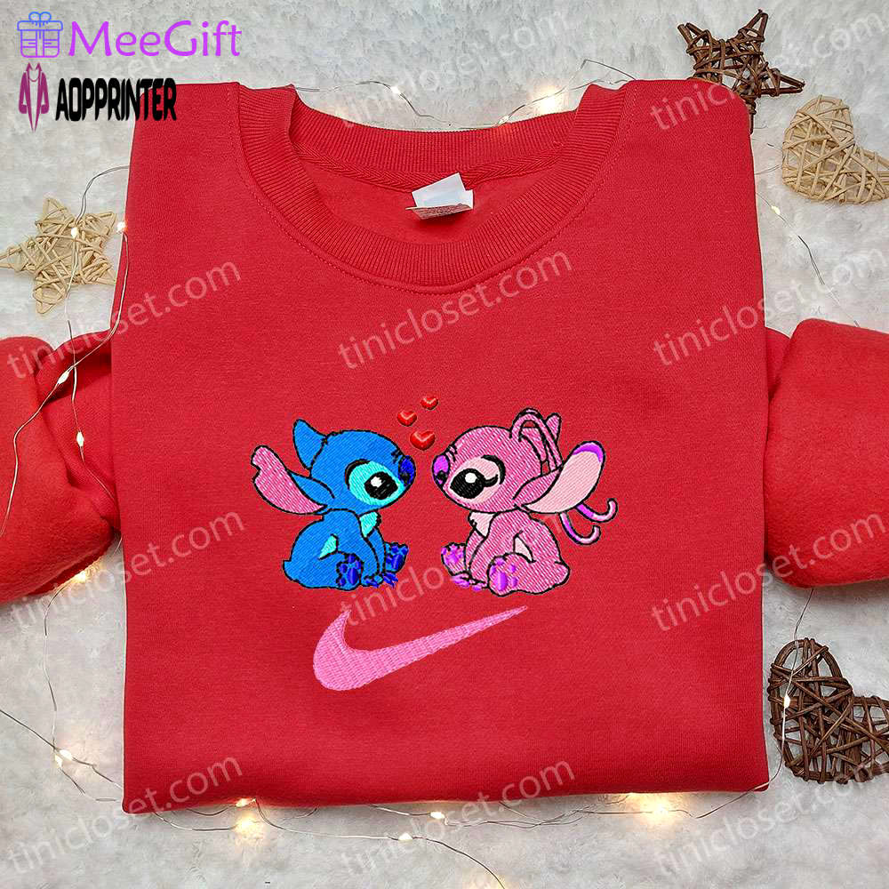 Stitch and angel love x nike swoosh cartoon embroidered shirt – lilo and stitch inspired Embroidered Shirt