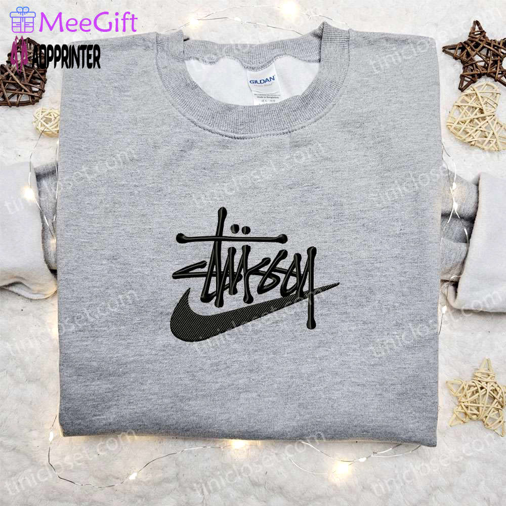 Stussy x swoosh embroidered sweatshirt: nike inspired hoodie perfect family gift Embroidered Shirt