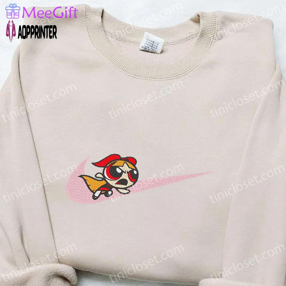 Swoosh x blossom cartoon embroidered sweatshirt powerpuff girls shirt nike inspired t-shirt Embroidered Shirt
