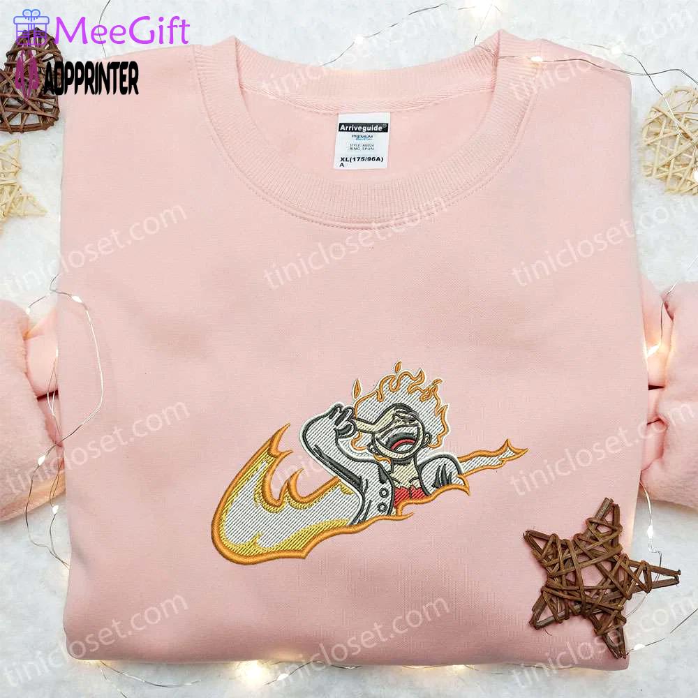 Swoosh x luffy gear 5 laughing sweatshirt: best one piece anime embroidered shirt perfect gift for all occasions Embroidered Shirt