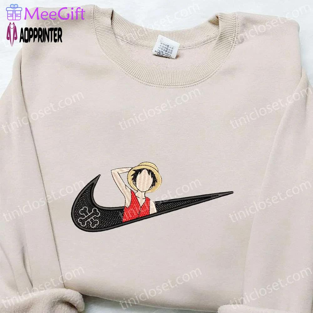 Swoosh x monkey d luffy anime embroidered sweatshirt – nike inspired cool anime clothing Embroidered Shirt