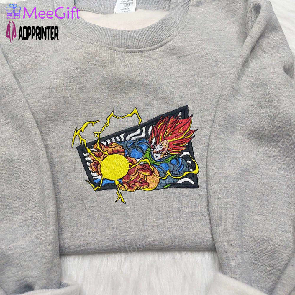 Vegeta super saiyan blue shirt: dragon ball embroidered sweatshirt – anime inspired attire Embroidered Shirt