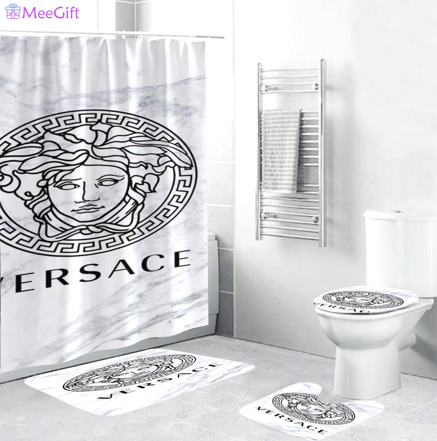 Versace bigin marble background logo type 1338 Bathroom Accessory Sets Hypebeast Bathroom Luxury Fashion Brand Home Decor Toilet Cover Bath Mat Set Bathroom Sets Waterproof Shower Curtain Pedestal Rug
