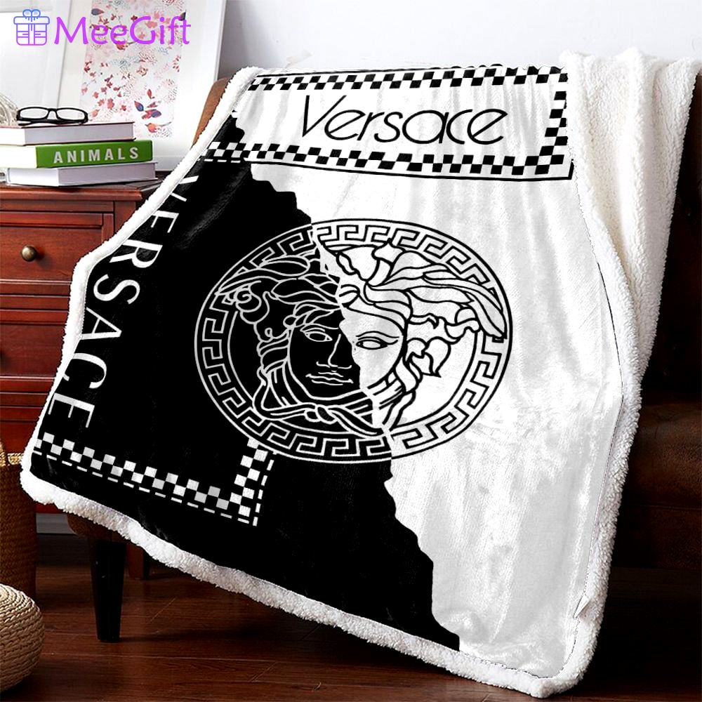Versace black white fashion logo luxury brand premium blanket fleece home decor 97 Blanket Fleece