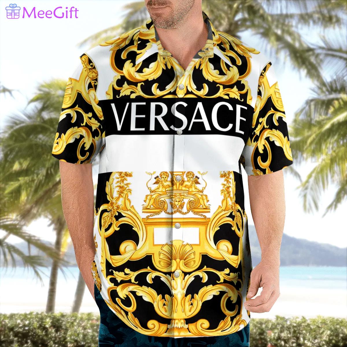 Versace gold multi baroque print luxury beach shirts hawaiian shirt Hawaii Shirt Shorts & Flip Flops