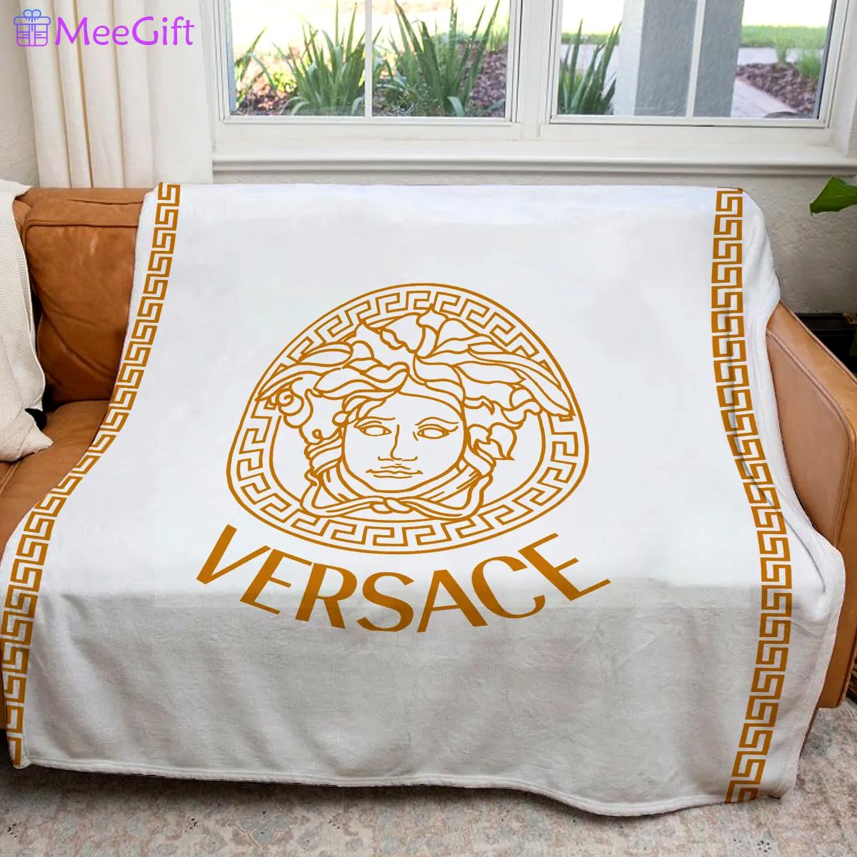 Versace white golden logo luxury brand premium blanket fleece home decor 85 Blanket Fleece