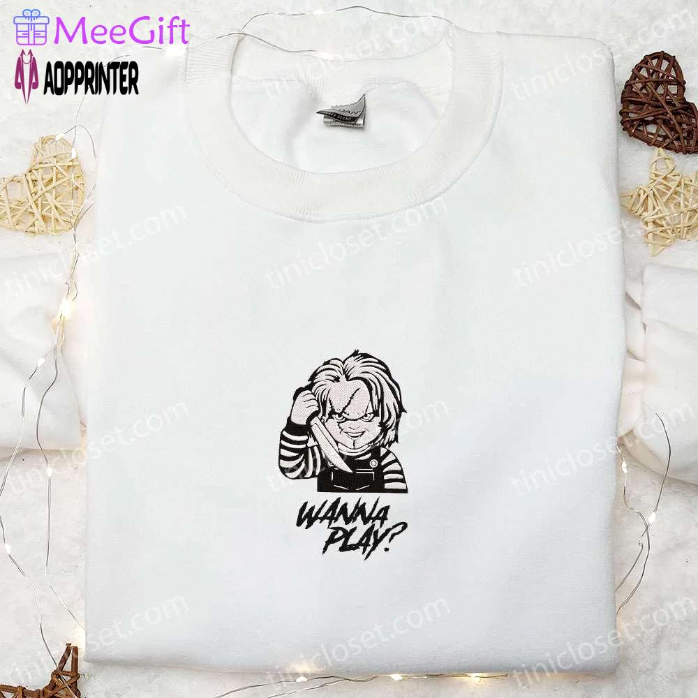 Wanna play chucky embroidered shirt – scary halloween gift for family Embroidered Shirt