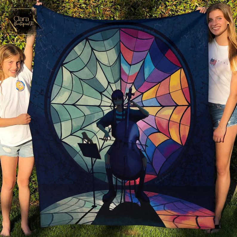 Wednesday addams playing cello fleece blanket, mink sherpa blanket, wednesday addams quilt, cello quilt, addams family blanket Quilt Blanket