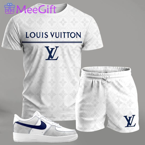 White minimalist streetwear set for men, logo-print t-shirt and shorts combo with blue-accent sneakers T-Shirt Short Sneakers Set
