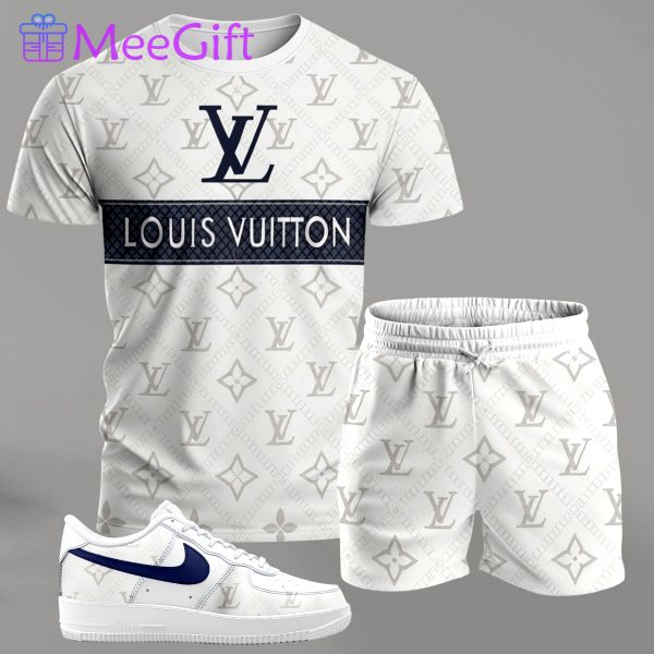 White monogram streetwear set for men, contrast stripe t-shirt and matching shorts with blue-accent sneakers T-Shirt Short Sneakers Set
