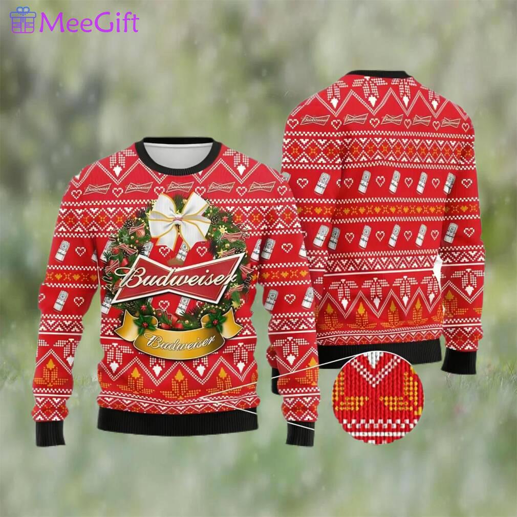 Wreath budweiser beer ugly christmas sweater, faux wool sweater, gifts for beer lovers, international beer day, best christmas gifts for 2022 ? prinvity Christmas Ugly Sweater