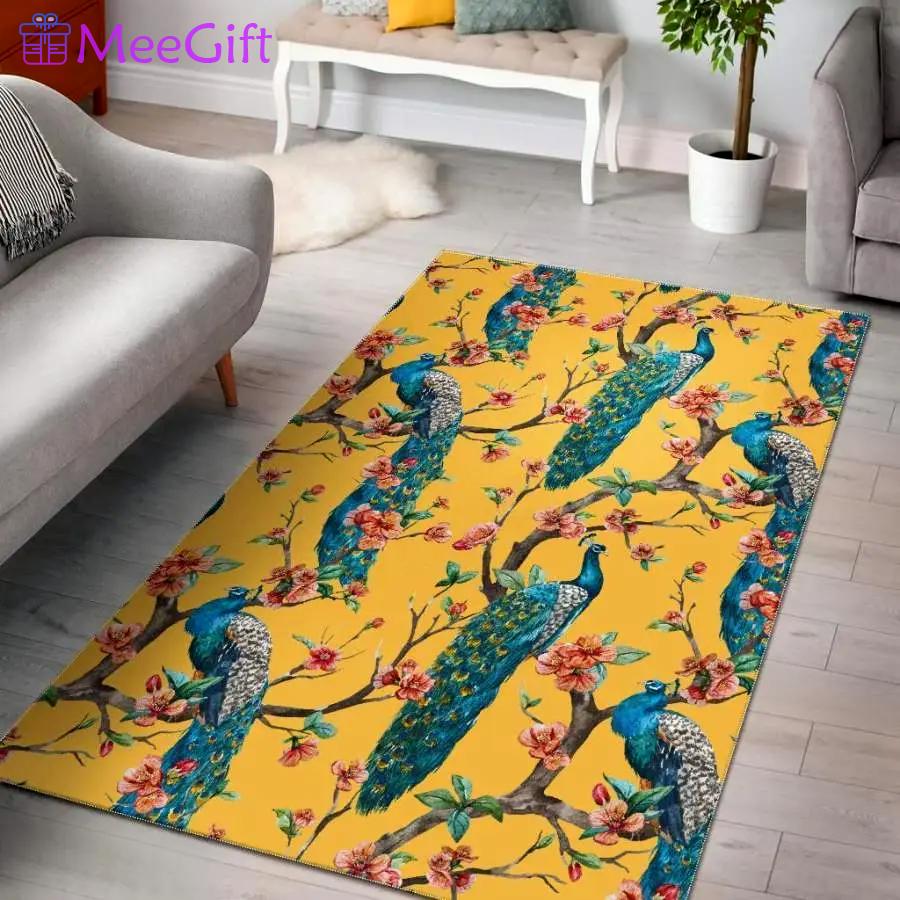 Yellow peacock floral pattern print area rug living room rug home decor Rectangle Rug