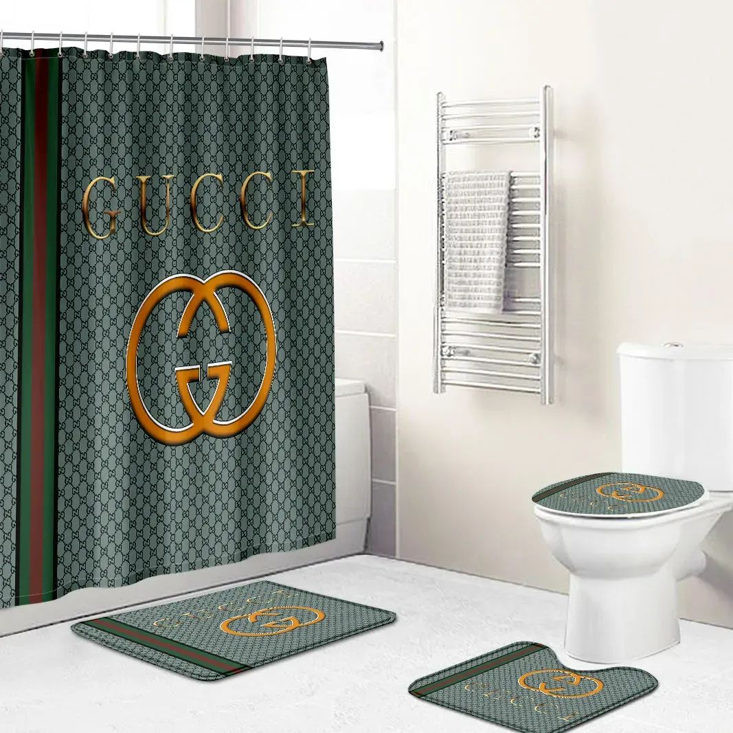 Gucci green bathroom set hot 2023 luxury shower curtain bath rug mat