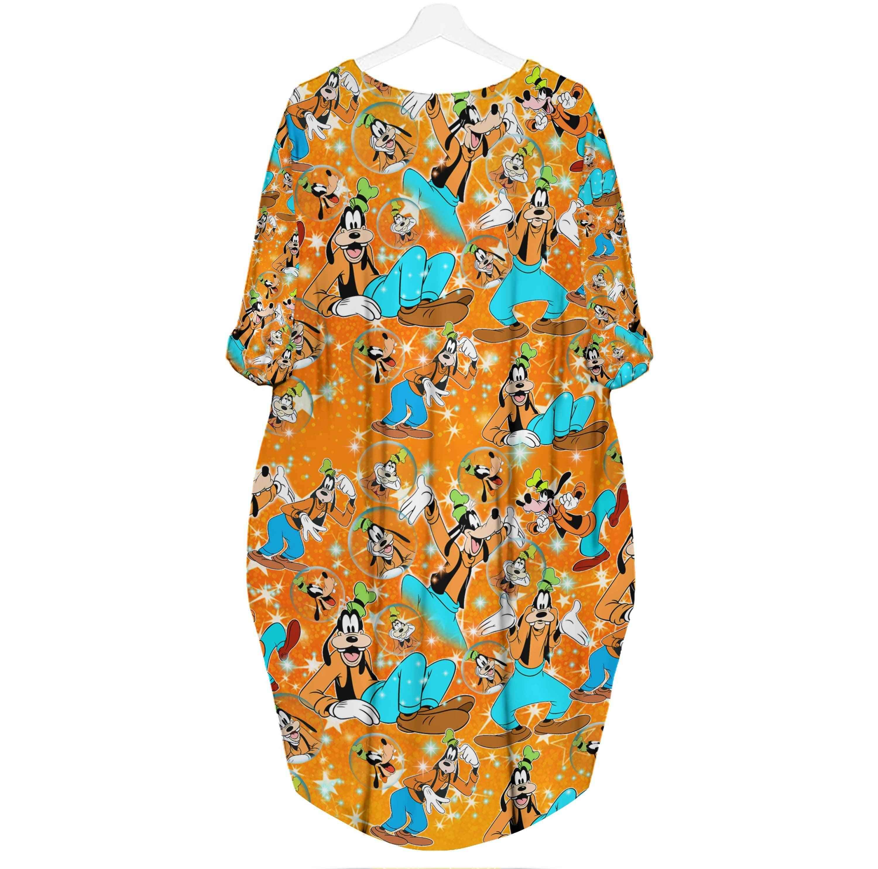Orange goofy dog pattern cute disney cartoon batwing pocket dress outfits women hn Batwing Pocket Dress