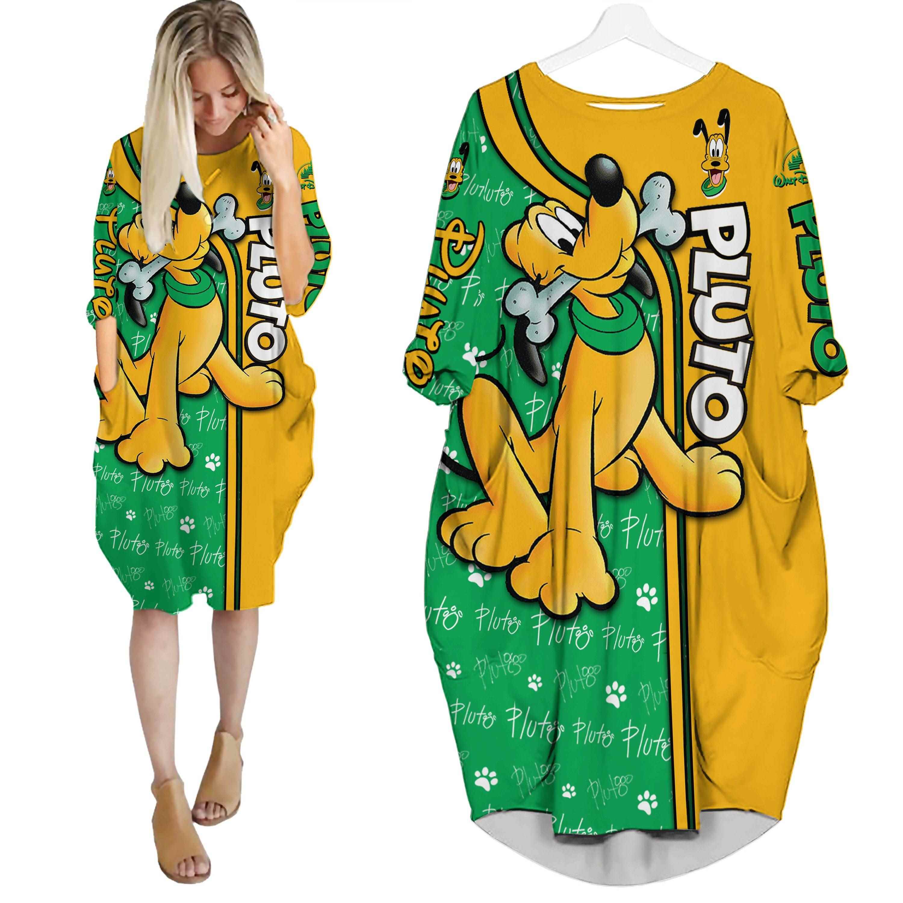 Orange pluto dog disney cartoon batwing pocket dress outfits women hn Batwing Pocket Dress