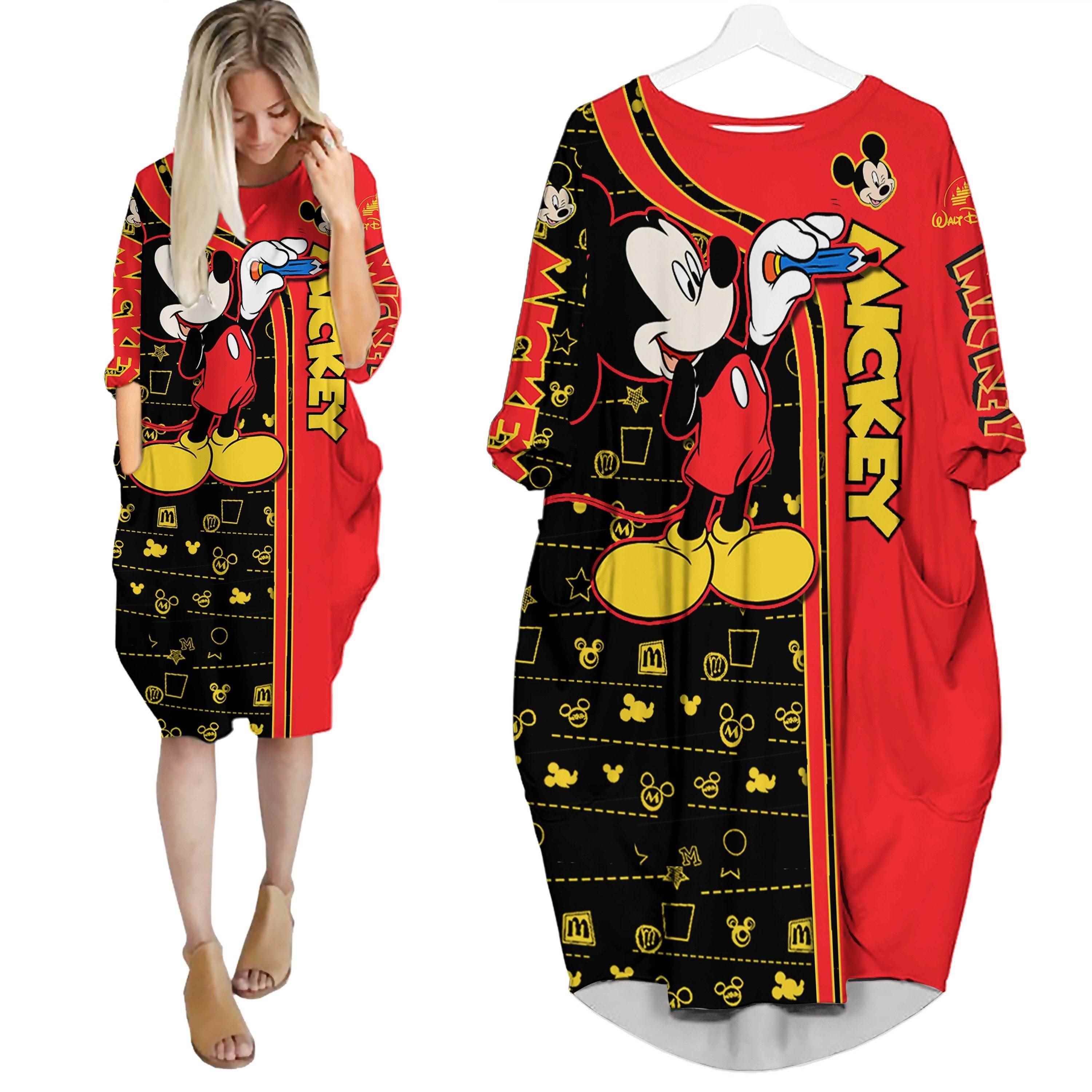 Mickey mouse red pattern disney cartoon batwing pocket dress outfits women hn Batwing Pocket Dress