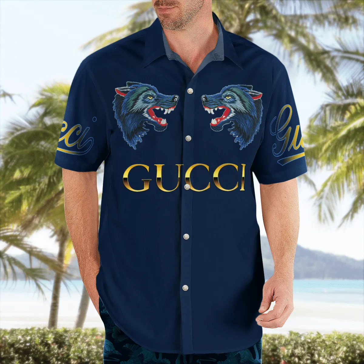 Gucci wolf navy luxury brand premium fashion hawaii shirt for men 33 Hawaii Shirt