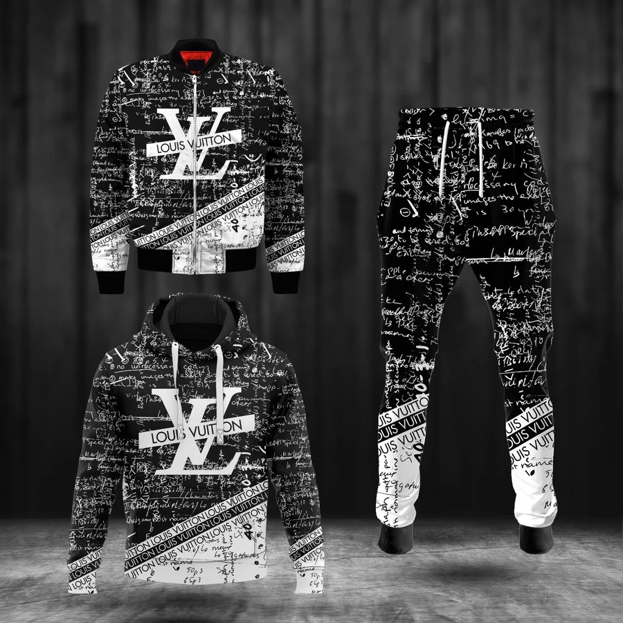 Louis vuitton black white jacket hoodie sweatpants pants lv luxury clothing clothes outfit for men-47 Hoodie Long Pants 3D Set