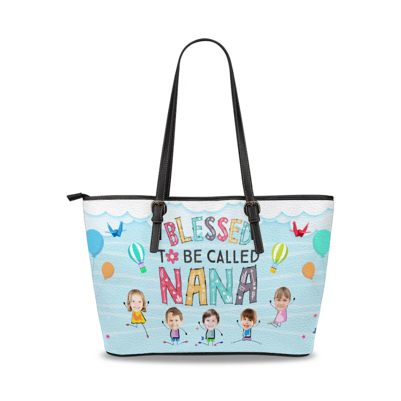 Personalized grandma leather tote bag with grandkids name, grandma tote bag, grandma floral tote, mothers day tote, gift for grandma 2 Leather Tote Bag