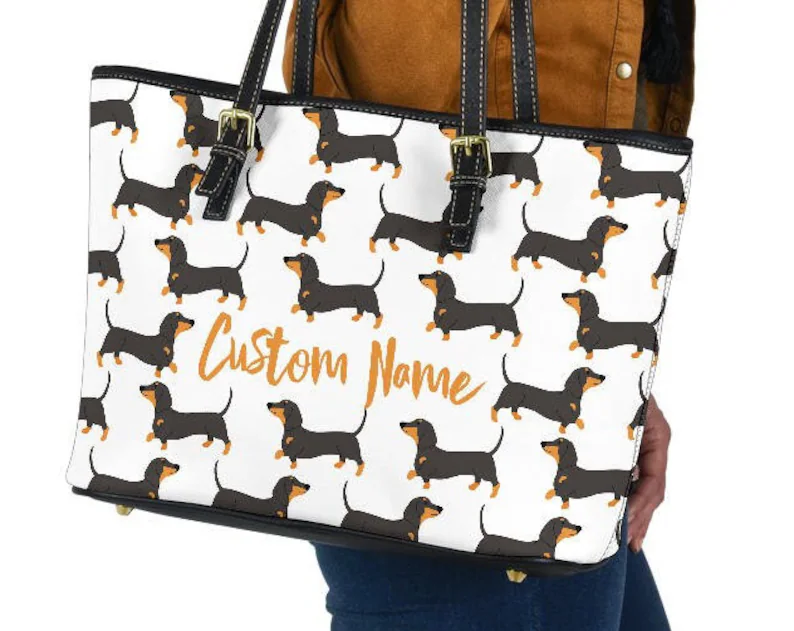 Dachshund dog mom owner leather handbag - shoulder tote bag 87 Leather Tote Bag