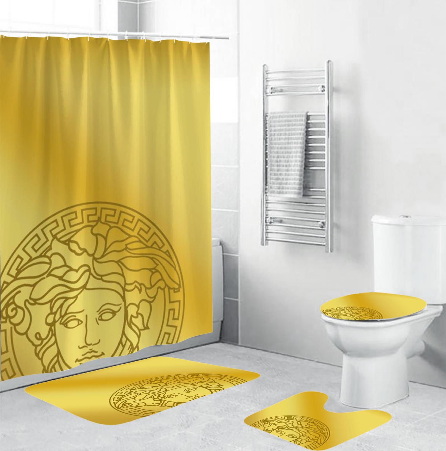 Gianni versace gold logo type 1658 Bathroom Accessory Sets Bathroom Sets Home Decor Pedestal Rug Bath Mat Set Waterproof Shower Curtain Hypebeast Bathroom Toilet Cover Luxury Fashion Brand