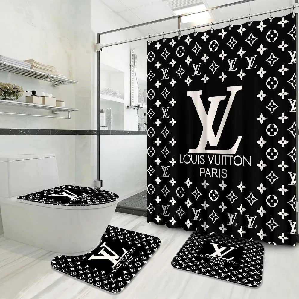 Louis vuitton logo type 1497 Bathroom Accessory Sets Bath Mat Set Pedestal Rug Waterproof Shower Curtain Toilet Cover Bathroom Sets Luxury Fashion Brand Hypebeast Bathroom Home Decor