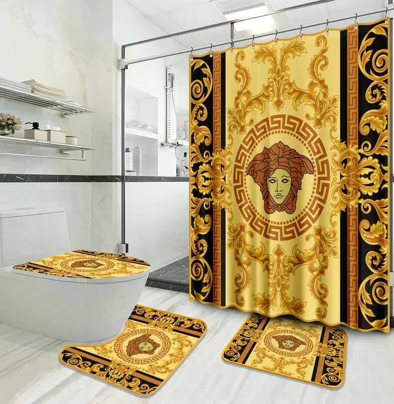 Versace logo type 494 Bathroom Accessory Sets Toilet Cover Hypebeast Bathroom Bathroom Sets Bath Mat Set Luxury Fashion Brand Home Decor Pedestal Rug Waterproof Shower Curtain