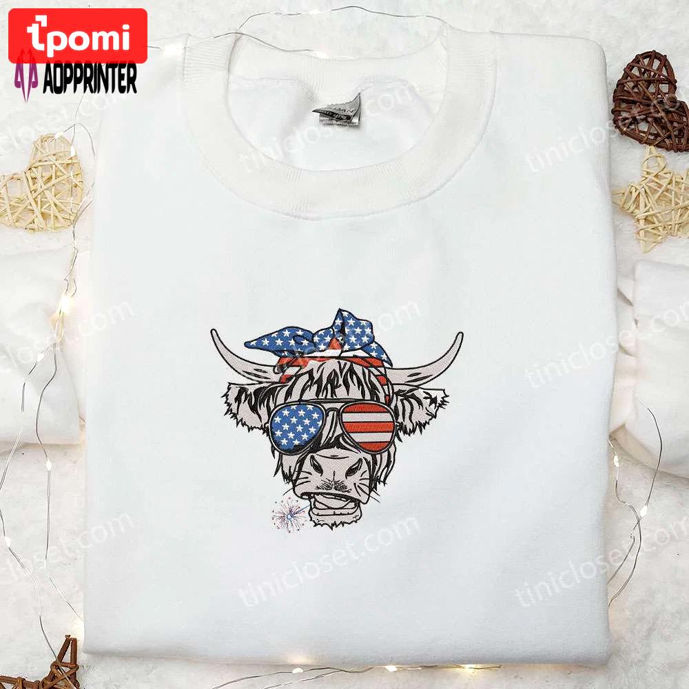4th of july patriotic cow embroidered shirt: best patriotic shirts & national day gifts Embroidered Shirt