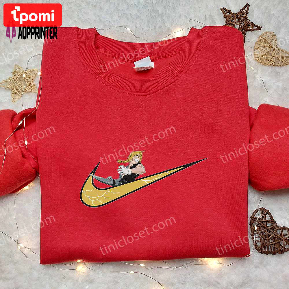 Anime embroidered hoodie: edward elric x nike swoosh fullmetal alchemist & nike inspired shirt Embroidered Shirt