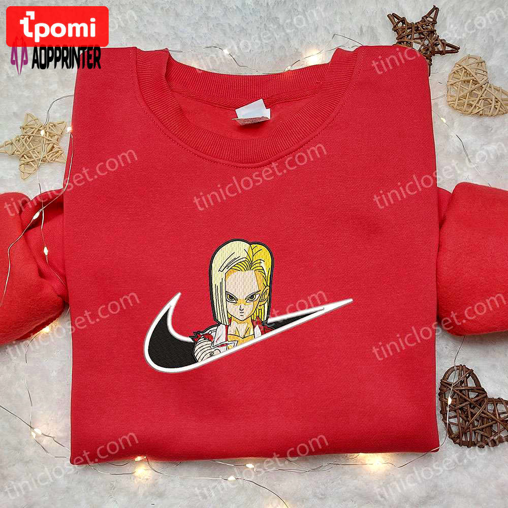 Anime embroidered shirt: android 18 x nike swoosh & dragon ball nike inspired design Embroidered Shirt