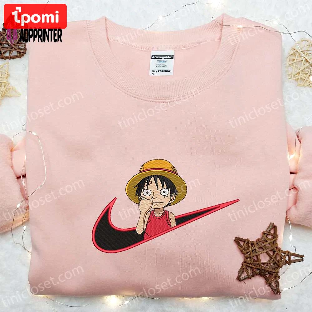 Anime embroidered shirt: monkey d luffy x nike swoosh one piece & nike inspired – shop now! Embroidered Shirt