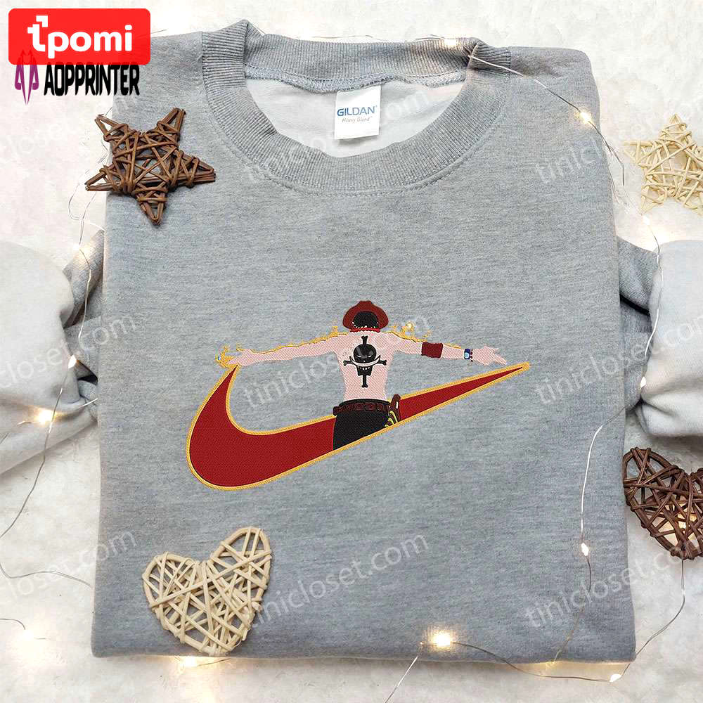 Anime hoodie: portgas d ace x nike swoosh embroidered – one piece & nike inspired shirt Embroidered Shirt
