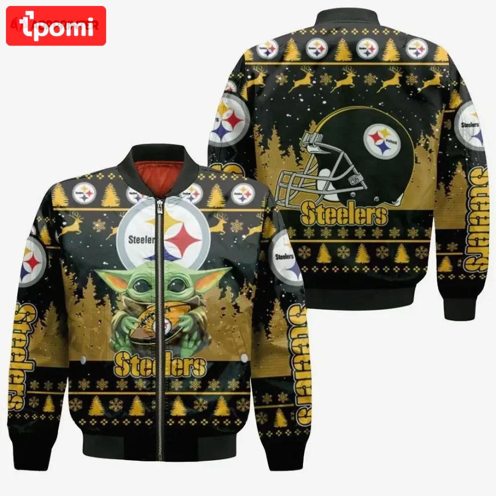 Baby yoda hugs pittsburgh steelers rugby ball logo bomber jacket – black and yellow Bomber Jacket
