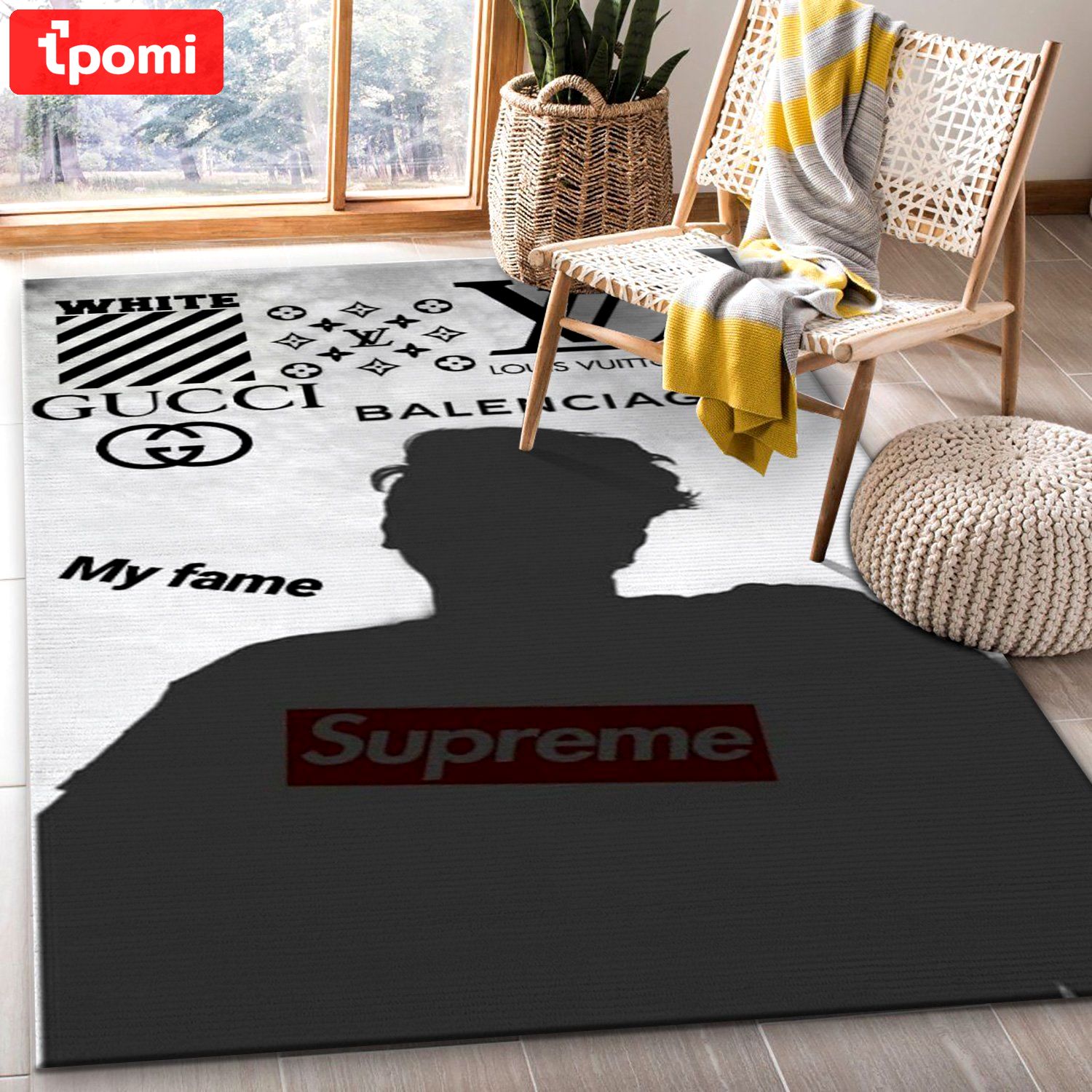 Balenciaga gucci louis vuitton supreme off-white fame logo type 590. Upgrade Your Living Room with Luxury Home Decor: Area Carpets, Floor Decor, Door Mats, and Hot Gift Items with style a High-End Fashion Brand Rectangle Rug