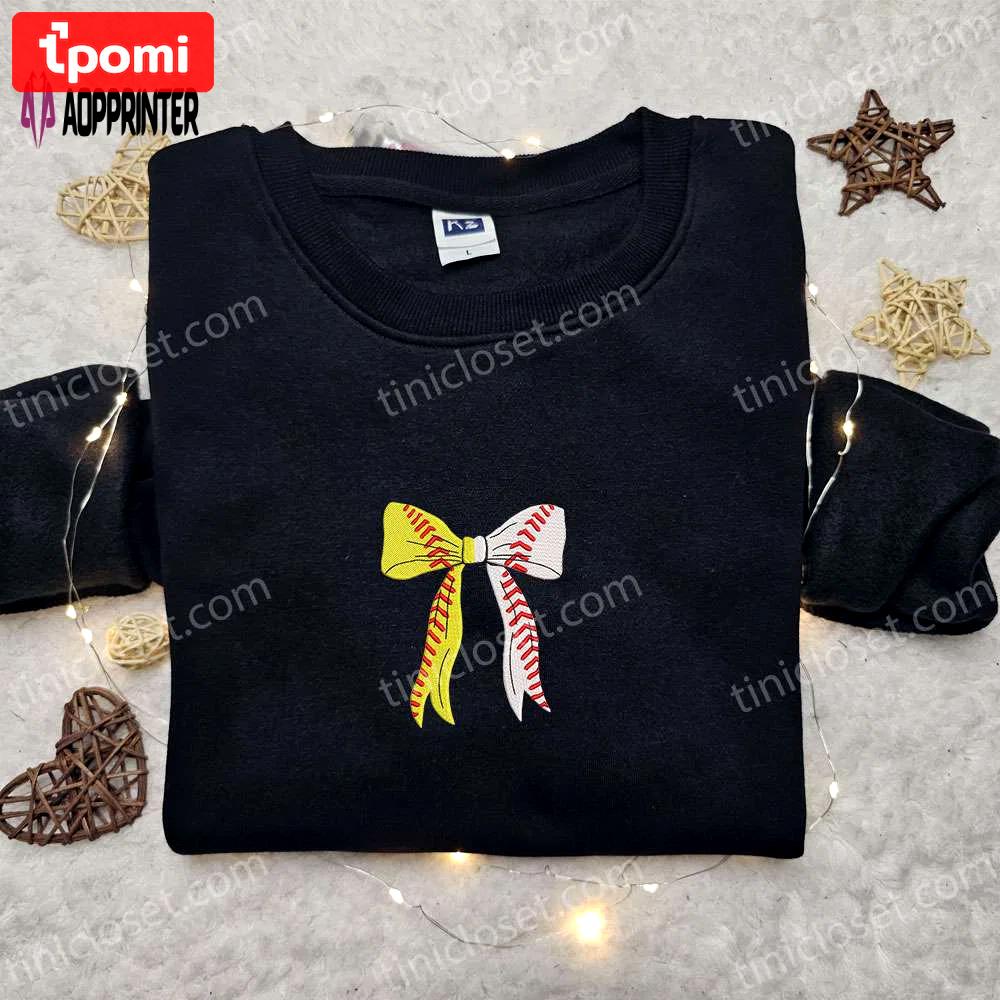 Baseball coquette bow embroidered shirt & sports hoodie: perfect gift idea Embroidered Shirt