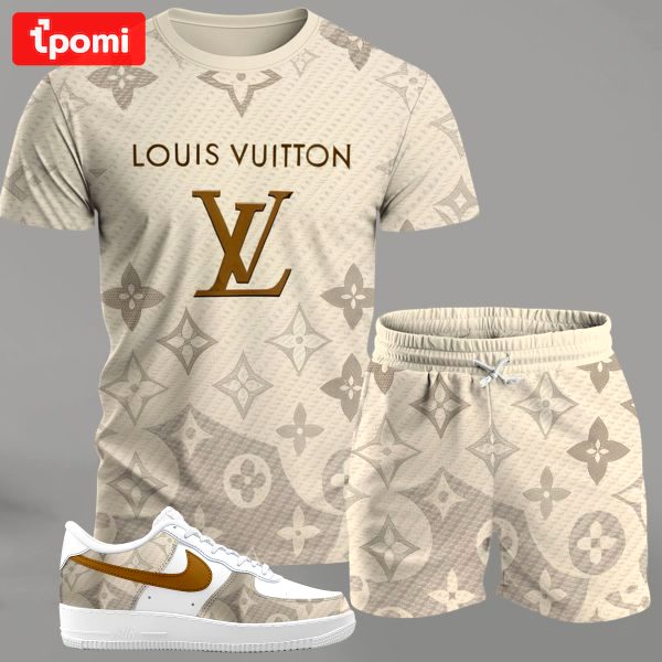 Beige monogram streetwear set for men, gradient pattern t-shirt and matching shorts with gold-accent sneakers T-Shirt Short Sneakers Set