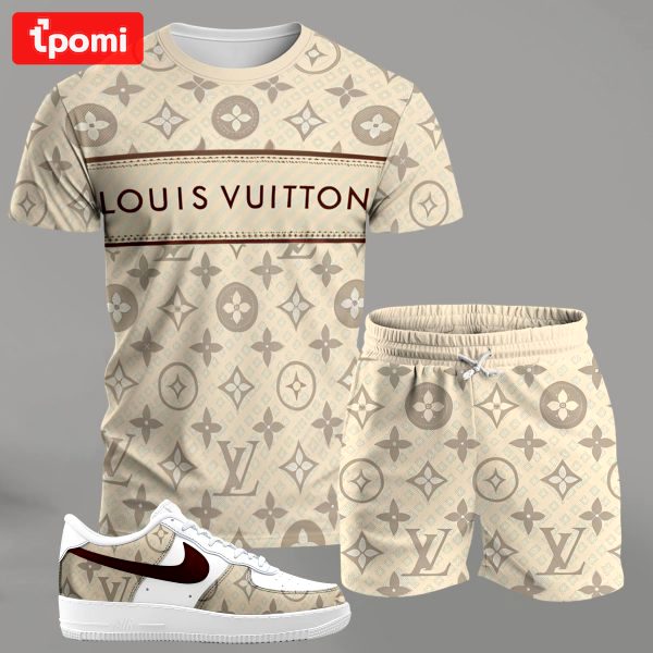 Beige monogram streetwear set for men, stripe-logo t-shirt and matching shorts with red-accent sneakers T-Shirt Short Sneakers Set