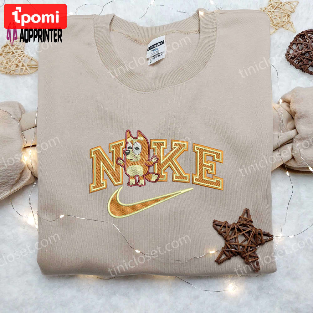 Bingo x nike swoosh: custom embroidered shirt with bluey design Embroidered Shirt