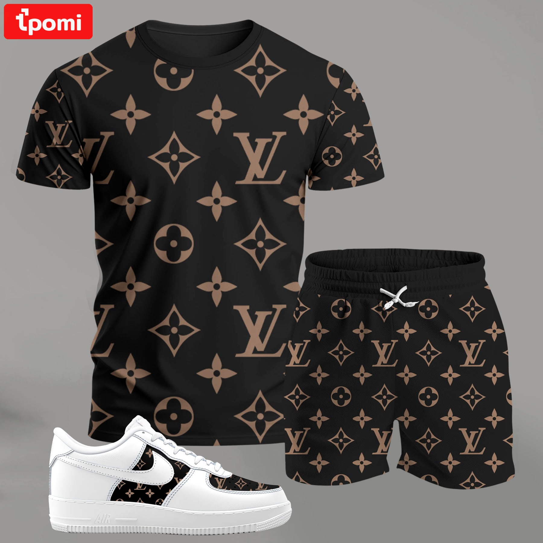 Black and brown monogram set for men, bold pattern streetwear t-shirt and shorts combo with matching sneakers T-Shirt Short Sneakers Set