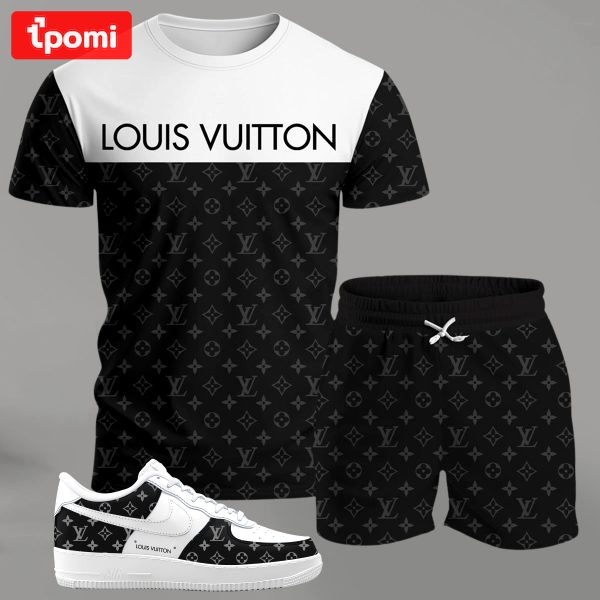Black and white contrast streetwear set for men, split design t-shirt and monogram shorts with matching sneakers T-Shirt Short Sneakers Set